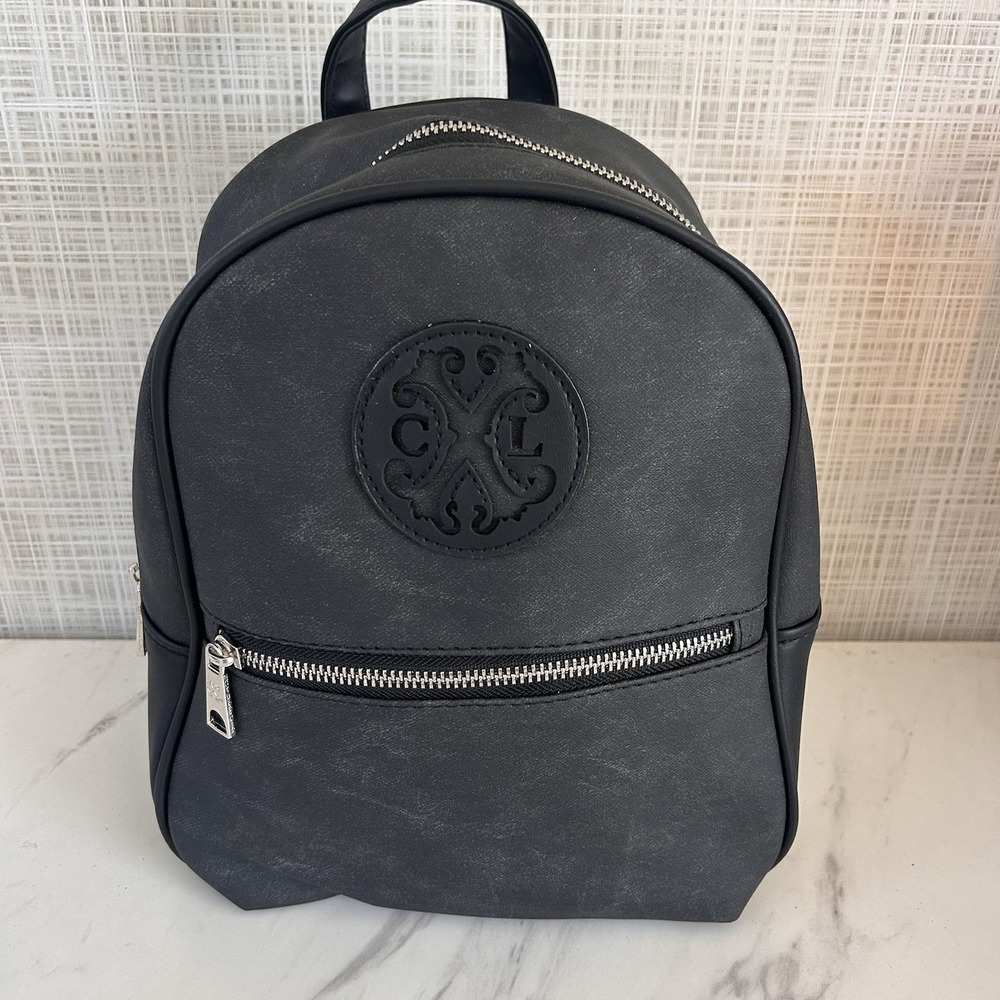 Christian Lacroix Backpack CXL Womens Black Denim Marley PU Zip Logo Pockets $98